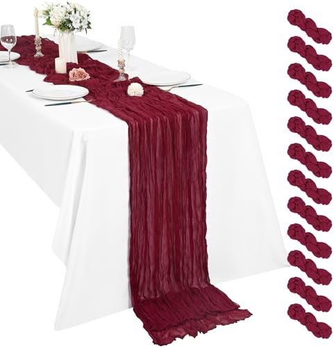 12 Stück Burgunderrot Seihtuch Tischläufer 3 m Boho Gaze Tischläufer 55 x 300 cm rustikal romantisch Langer Tischläufer für Hochzeit Party Brautparty Erntedankfest Weihnachtsdekoration