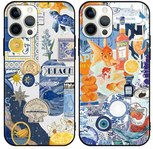 Phoona 2 Pack Cute Case for iPhone 12 Pro Max 6.7, European Collage Preppy Summer Girly Design Pattern for Girls Women, Slim Soft Silicone Shockproof Bumper Protector Cover, Blue 02