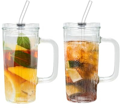 250ML Ribbed Glass Cups with Lids and Straws Set of 2 Handle Drinking Glasses Ideal for Ice Coffee Smoothies Juices Cocktails Parties Durable Reusable Drinkware Perfect for Home and Outdoor Use