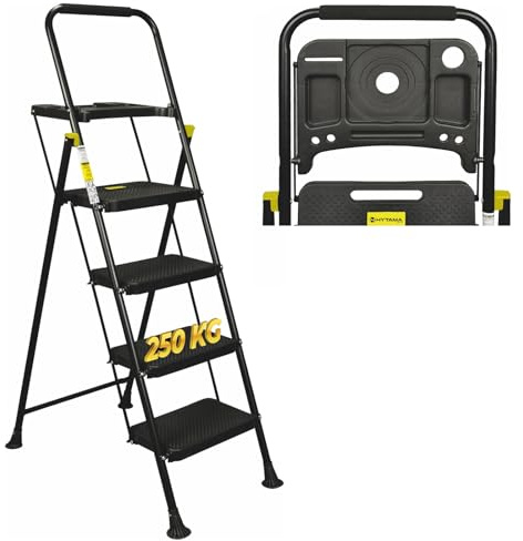 HYTAMA Scala Scaletta Sgabello Pieghevole BLACK MAX PLUS CON VASCHETTA PORTA ATTREZZI Salvaspazio con Gradini Antiscivolo e Impugnatura Soft in Gomma per Sicurezza Portata max150kg (4 Gradini)