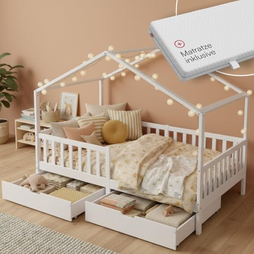 Bellabino Bia Schubladenbett 120x200 cm, Weiß, mit Matratze, 2 Schubladen | Montessori Hausbett aus Kiefer Massivholz, mit Rausfallschutz, mit Lattenrost, Stauraum, Kinderbett für Jungen & Mädchen