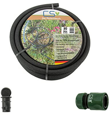 20m CS Perlschlauch Drucklos mit Schnellschlauchstück und Endstopfen für die drucklose Gartenbewässerung aus dem Regenfass/Regentonne/Wasserfass