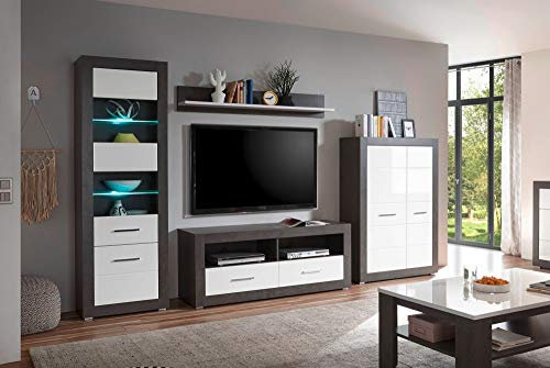Newfurn Wohnwand Anbauwand Modern Wohnzimmerschrank Wohnlandschaft Mediawand Fernsehschrank II 315x198x 35-45 cm (BxHxT) II [Justus.Five Compact] in Beton dunkel/Weiß Hochglanz Wohnzimmer