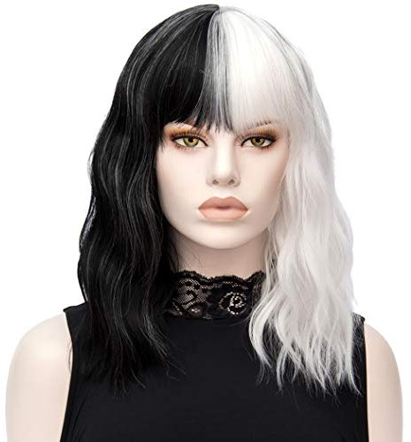 TANTAKO Damen Halb Schwarz Halb Weiß Cosplay Kurze Bob Perücke für Halloween Karneval und Party Fancy Dress (Kurze A)