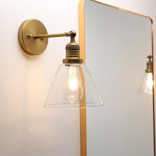 Phansthy Vintage Wall Light 7.1 Diameter Industrial Funnel Shaped Glass Wall Sconce Suitable for Kitchen Living Room Hallway Bedroom Vanity Mirror Decorative Light E27 Copper Base (Antique Brass)