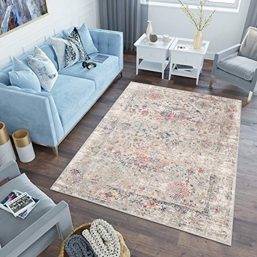 TAPISO Lazur Teppich Kurzflor Grau Rosa Blau Orange Creme Klassisch Verwischt Orientalisch Ornament Floral Wohnzimmer Schlafzimmer ÖKOTEX 160 x 220 cm