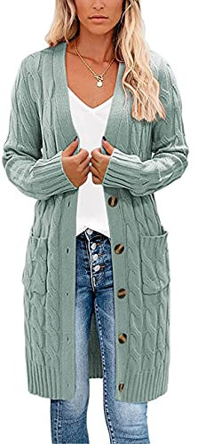 kinstell Ladies Long Sleeve Button Top Chunky Aran Cable Knitted Long Length Boyfriend Grandad Cardigan UK