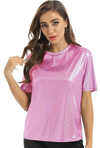 IEFIEL T-Shirt à Manche Courte Femme Chemisier Tops Brillant Ample Fête Festival de Musique Disco Col Rond Paillettes Hauts Coupe Costume Clubwear Rose S