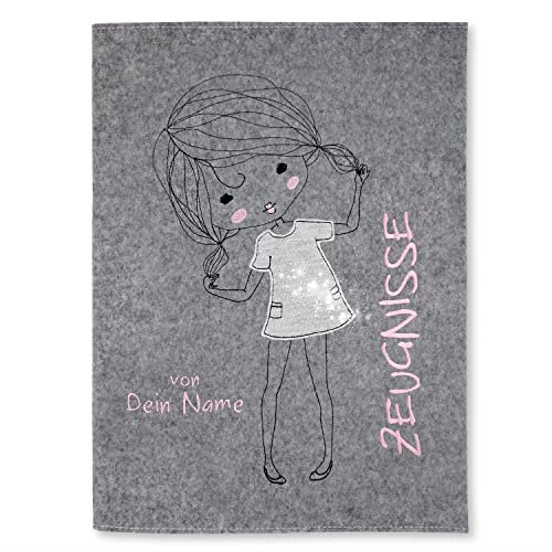 Goldi-Design Zeugnismappe Süßes Mädchen grau/glitzer personalisiert mit Namen 100% Wollfilzumschlag und Sichtbuch DIN A4 mit 20 Hüllen