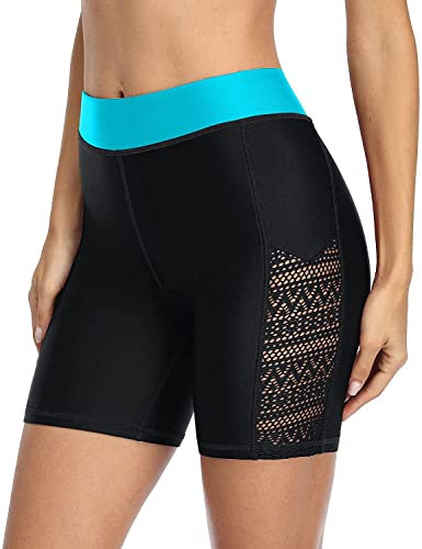 Attraco Damen Badeshorts Hohe Taille Kurze Badehose Schnell Trocknendes Wassersport Boardshorts Schwimmhose Schwimmshorts Schwarz/Aqua XXL
