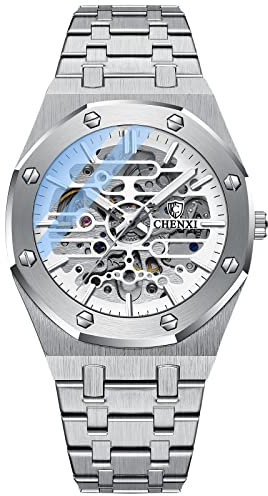 rorios Herrenuhren Automatische Mechanische Uhr Leuchtend Uhr mit Edelstahl-Armband Skelett Militär Armbanduhr