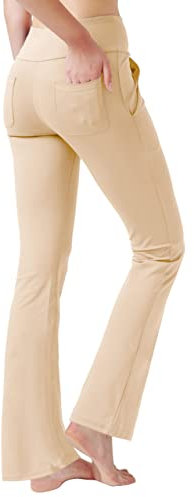 LaiEr Damen Yogahose mit 4 Taschen Hohe Taille Arbeitshose 4 Wege Stretch Bauchkontrolle Lange Schlaghose(L)