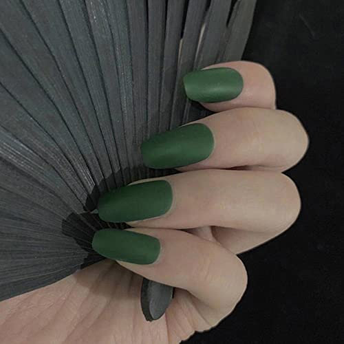 24PCS Long False Nails with Glue Stickers, Coffin Full Cover Acrylic Nails Press on Nails no Glue,Green Frosted French Fake Nails Stick on Nails for Women and Girls Nail Art.