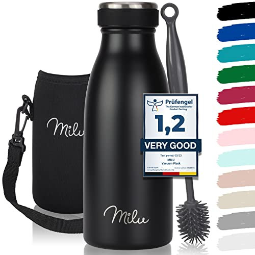 Milu - Botella de acero inoxidable, 350, 500, 750 ml, 1 l, 1,5 l, termo a prueba de fugas, apto para bebidas con gas, para niños y adultos, incluye 1 cepillo de limpieza, color negro, 350 ml