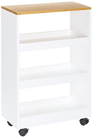 LOLAhome Estantería con Ruedas de 3 estantes de Madera y bambú Blanca y Natural de 48x24x77 cm