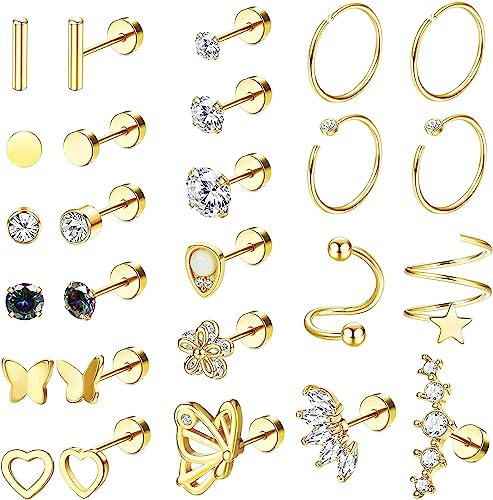 JeryWe 26Pcs Lot Boucles d'Oreilles Femme Petite Acier Chirurgical Cartilage Conch Piercing Oreille Clou d'Oreille Plat Hoop Ensemble CZ Coeur Papillon Boucles d'Oreilles Hypoallergénique 16G-20G or