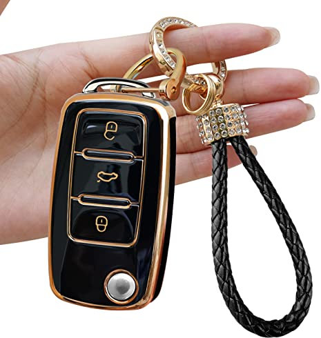 Yumzeco Coque en Silicone pour Clé Voiture,3 Bouton Protection TPU Souple pour Clé Compatible avec VW Volkswagen Jetta Passat Golf Tiguan,Étui Housse pour Keyless Télécommande avec Porte-clé(Noir)