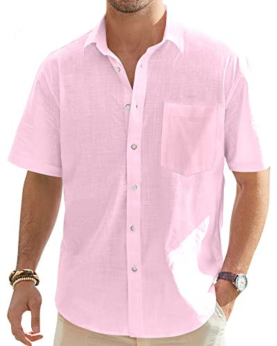 J.VER Mens Linen Shirts Short Sleeve Summer Lightweight Cotton Regular Fit Casual Holiiday Beach Button Down Shirt with Pocket Pink M