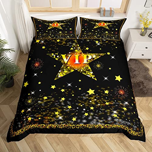 Loussiesd VIP Muster Bettwäsche Set 135x200cm für Mädchen Jungen Golden Star Film Theater Betten Set Film Nacht Bettbezug Set Dekor Vintage Kino Die plakate Film Theater Bettwäsche Sammlung 2Stück