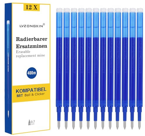 [12 Stück] - LVZONGXIN Radierbare Ersatzmine, Kompatibel mit Pilot FriXion Ball & Clicker & Eberhard Faber animal erase it, Spitze 0,7 mm,Nachfüllminen mit radierbarer Tinte (BLAU, 12)