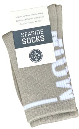 Seaside No.64 Socken mit maritimer Botschaft – verschiedene Ausführungen | Tennissocken im nordischen Stil - farbige Strümpfe mit Schriftzug - Unisex auch für alle Landratten – Seaside No.64