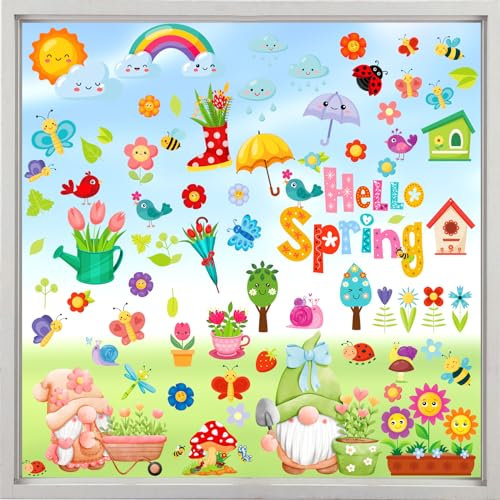 Fensterbilder Frühling Selbstklebend, 9 Blätter Fensterdeko Frühling, Fenstersticker Frühling Wiederverwendbare mit Wichtel Blumen Schmetterling für Frühling Deko Fenster Kinderzimmer