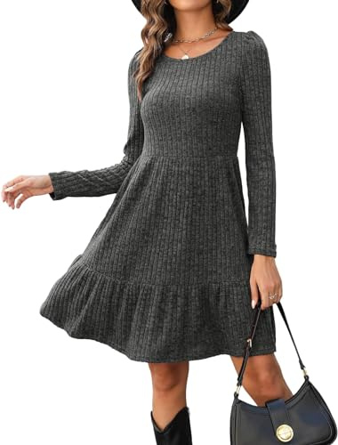 Zetieny Dress for Women Long Sleeve Jumper Dresses UK Knitted Round Neck Tunic Dress Casual A Line Elegant Sweater Dresses Autumn Winter Dark Grey