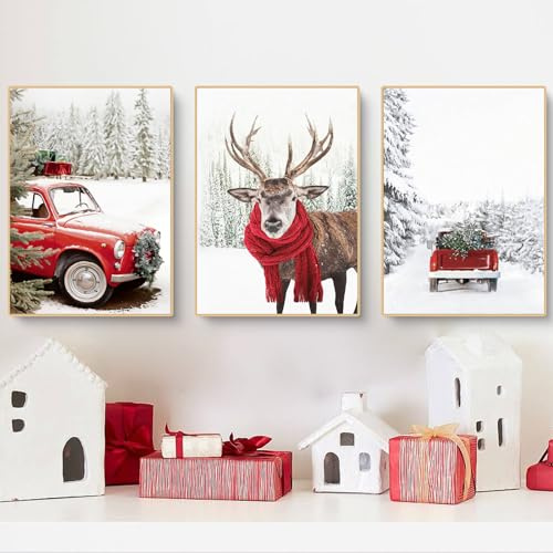CULASIGN 3er Weihnachten Poster Set, Moderne Winter Wandbilder, Premium Bilder Kunstdrucke Schnee, Rentier, Rot Auto, OHNE Rahmen, Wanddeko Wohnzimmer & Schlafzimmer (ABC,50x70cm)