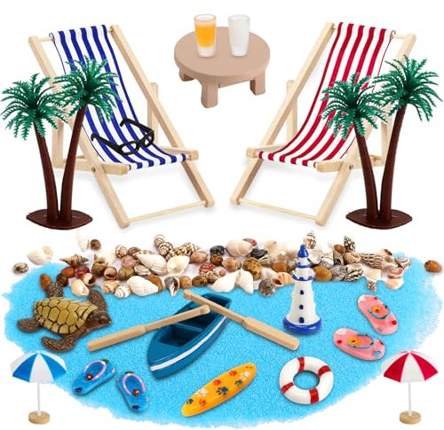 Royouzi 29 Pièces Paysage de Plage Miniature Décoration DIY Décoration Maritime de Plage Chaise de Plage Parasol Palmier DIY Accessoire de Plage Miniature pour Bricolage Maisons de Poupées (B)