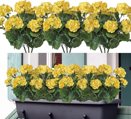 Weldomcor 3 Flores Artificiales, Flores de Geranios de Seda con Hojas Verdes, Ramo de Geranios Falsa Realista para Jardín, Hogar, Oficina, Fiesta, Boda, decoración de Centro de Mesa (Amarillo)