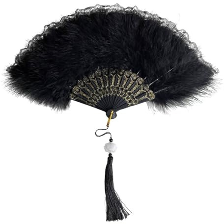 XBFOCNH Federfächer, zusammenklappbarer Federfächer im Vintage-Stil der 1920er Jahre, Flapper-Handfächer für Kostüme, Halloween, Tanzen, Hochzeit, Party, Abschlussball, Teeparty,Schwarz