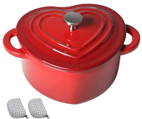 DYHQQ Enamel Cast Iron Dutch Oven 500ML Heart-Shaped Dutch Oven Pot with Lid And Dual Handles Silicone Accessories Included Works on All Stovetops Oven Safe To 500°F,Red