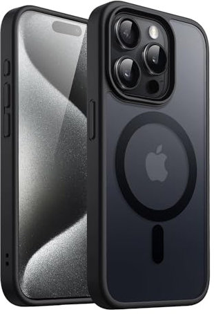 Cover Magnetica Compatibile con iPhone 15 Pro con Cavalletto Supporto - 6,1 Pollici Compatibile con MagSafe, Custodia Resistente Opaca Sottile Antiurto (Nero, Trasparente)