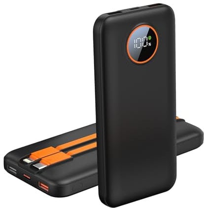 Chargeur portable 10 000 mAh Slim Fast Charging Power Bank avec câbles intégrés, écran LED USB C, batterie externe compatible avec iPhone 15/14/13/12, Samsung, Android, etc (noir (10 K))