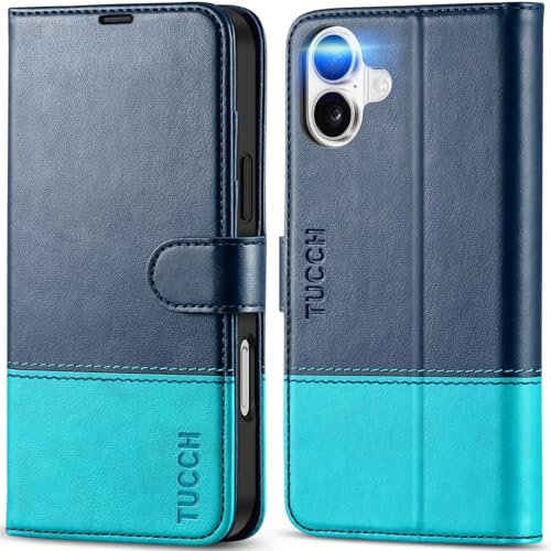TUCCH Wallet Case for iPhone 16 Plus (6.7) 2024, Protective Magnetic PU Leather Folding Cover with[RFID Blocking][Card Slots][Kickstand][Shockproof TPU]Compatible with iPhone 16 Plus, Blue&Lake Blue