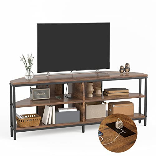 CAIYUN 140cm Corner TV Unit with Power Outlet, 55 inch TV Stand for Living Room, TV Stand Cabinet, TV Bench for 32/45/50/55/60/65 inch TV, Wooden TV Stand for Bedroom, Rustic Brown