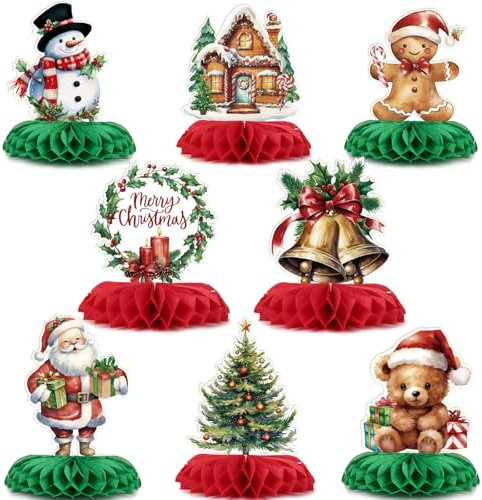 BETESSIN 8pcs Decoración Mesa Navidad, Centros de Mesa de Navidad, Adorno Mesa de Panal Papá Noel Campanas Árbol de Navidad, Decoración Mesa Hogar Restaurante Escaparate Cafetería de Navidad