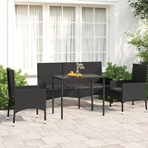 WEMYUFURN 4-TLG. Garten-Lounge-Set mit Kissen Schwarz Poly Rattan, Outdoor-Sitzgruppe, Terrassen-Lounge-Set, Garten-Couchgarnitur - Wetterbeständig, Komfortabel - für Terrasse, Garten und Balkon