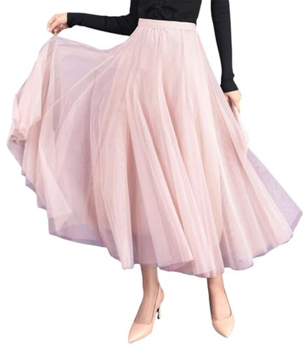 HzDazrl Jupe midi en tulle plissée taille haute pour femme - Jupe tutu longue en tulle pour fête de mariage, club, plage, Maille rose, Taille unique