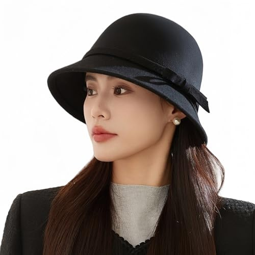 HSTWODE Damen Filz Eimer Hut, Einstellbare Vintage Bowler Hut mit Schleife. Chaplin, Magier, Steampunk, Cosplay, Halloween, Kostümzubehör