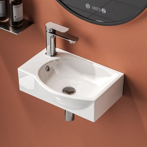 EMKE Lavabo 405 x 280 x 140 mm, Lavabo Petit, Lavabo à Poser, Robinet à Gauche, Lavabo Suspendu à Fixer au Mur pour WC Invités et Salle de Bain, Blanc brillant