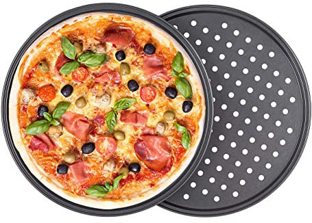 2er Set Pizzablech, ∅24.5cm Rund Pizza Backblech, Gelocht, Antihaft, Pizza & Flammkuchen, Carbonstahl, Knusperblech, Pizzaform