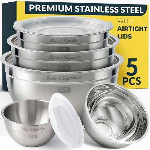 Baker's Signature Stainless Steel Mixing Bowl With Lid, Metal Mixing Bowl Set Of 5, Nesting Set For Food Prep, Baking,Storage, Cooking, Serving | Dishwasher & Microwave Safe, 0.5/1.5/3/4/5 Qt