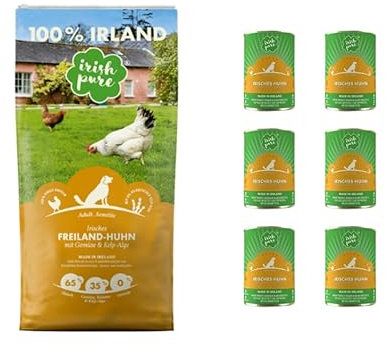 Irish Pure Freiland-Huhn Adult – Hundefutter - 12kg + 6x390g - getreidefreies Futter mit Freiland-Huhn, Gemüse & Kelp-Alge – 100 % natürliche Zutaten – für ausgewachsene Hunde - Sparpaket