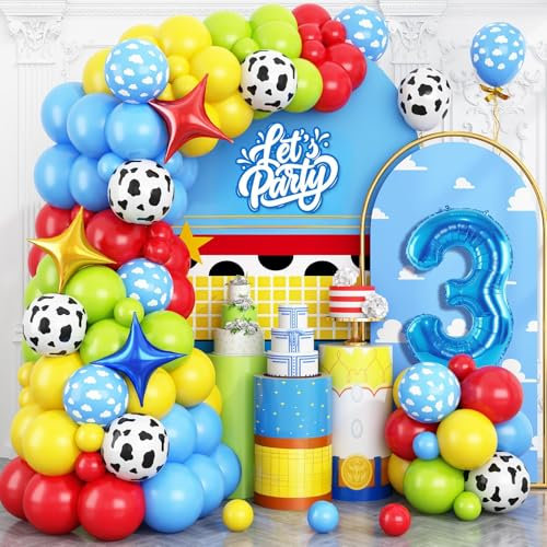 Toy 3rd Birthday Balloons Arch Kit, Red Blue Yellow Balloons with Cow Print Sky Blue Cloud Balloon Number 3 Balloon, for Kids Boys Girls 3rd Themed Birthday Party Baby Shower Decorations