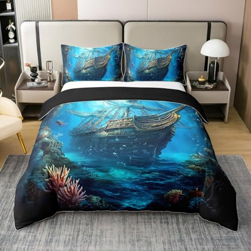 Segelboot 100% Baumwolle Bettwäsche Set,Segelboot Pirate Bettbezug 135x200 für Kinder Teen Erwachsene,Segelschiff Küste Tröster Abdeckung,Teal Marine Bett Set mit 1 Kissenbezug für Schlafzimmer