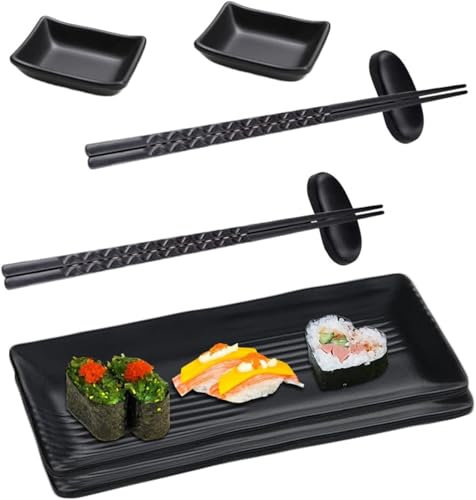 SVUPUE Sushi Plate with Dipping Bowls, Sushi Crockery with Chopsticks, Crockery Set with 2 Pairs of Chopsticks + 2 Chopstick Rests + 2 Plates + 2 Dip Plates (Black)