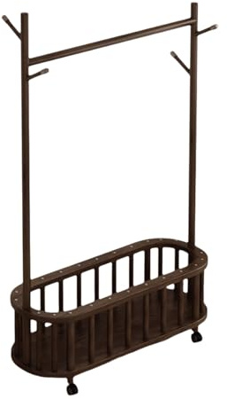 SUREK Stable Wooden Coat Rack With Storage Basket Standing Coat Tree With Pulley Removable Coat Stand Wardrobe Hanging Rail Hanger removable