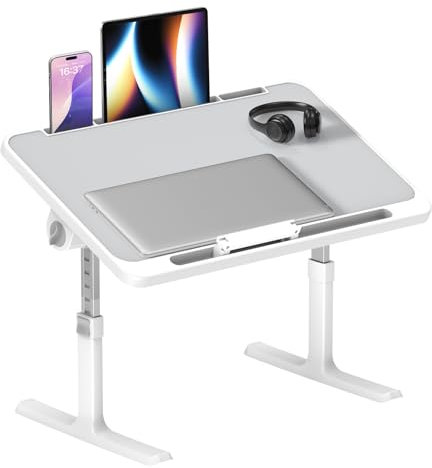Table de Lit Réglable 60 x 40 cm, Plateau Bureau Pliable pour Ordinateur Portable, Hauteur et Angle Ajustables, Lapdesk Pliable avec Support Tablette, Idéal pour Lit, Canapé, Sol - Gris Clair