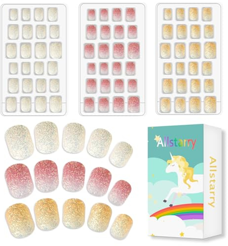 Allstarry 72pcs Kids Nails Press on Pre-glue Shimmer Glitter Fake Nails | 3 Pack Full Cover Glitter Press on Nails Shimmer Short False Nail Kits Lovely Gift for Children Little Girls
